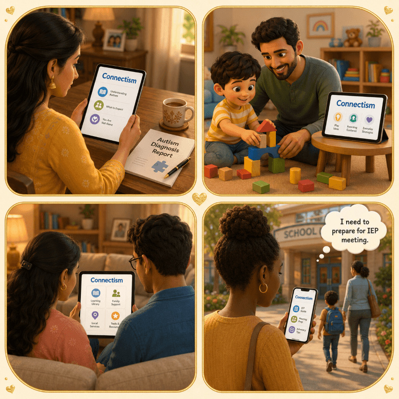 Families using Connectism for support during diagnosis, everyday learning, shared decision-making, and school transitions